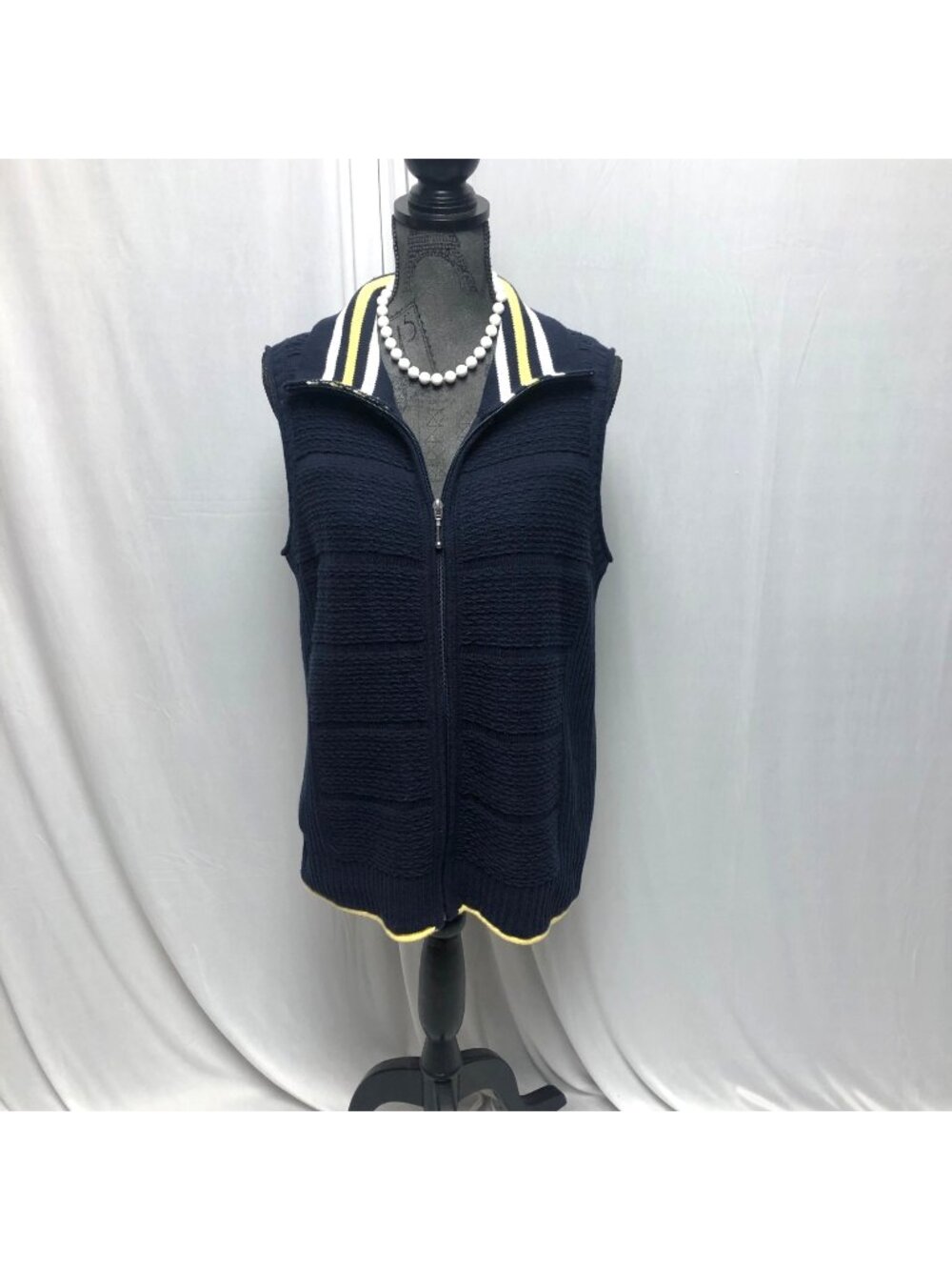 CJ Banks Sweater Vest Womens Size 14W Navy White Yellow Sleeveless Zippered NEW